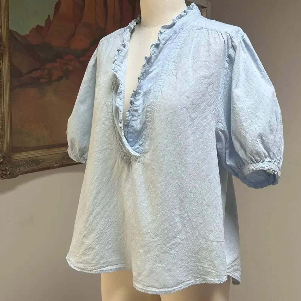 Anthro Anthropologie Cotton Peasant Blouse Puff Sleeve Ruffle Cottagecore Blue M